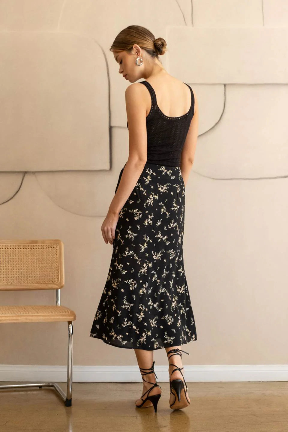 Black Floral Button Down Midi Skirt