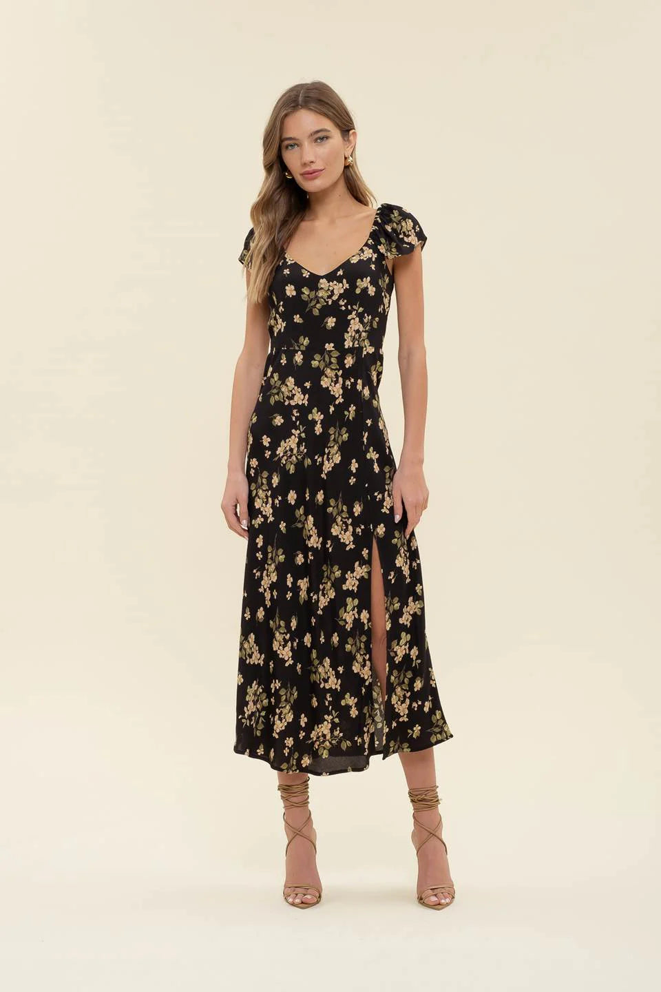 Black Floral Ruffle Midi Dress