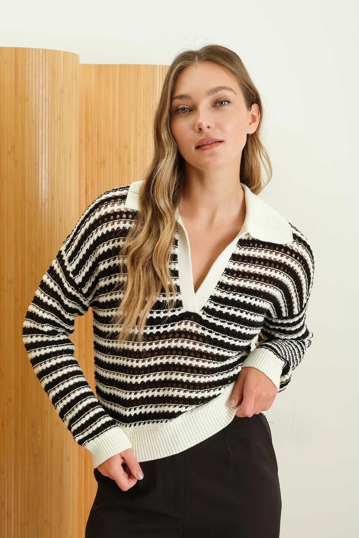 Collared Black & Cream Stripe Sweater