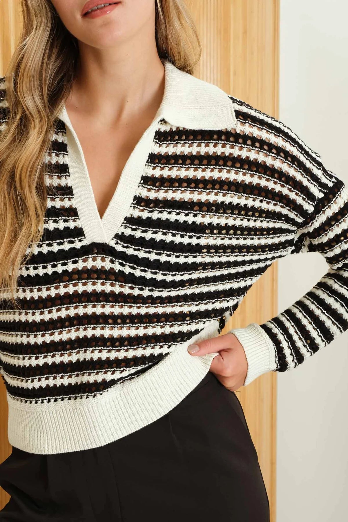 Collared Black & Cream Stripe Sweater