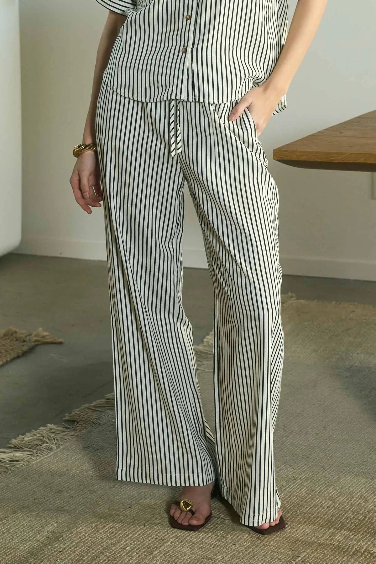 Cream Black Stripe Linen Top & Pants Set