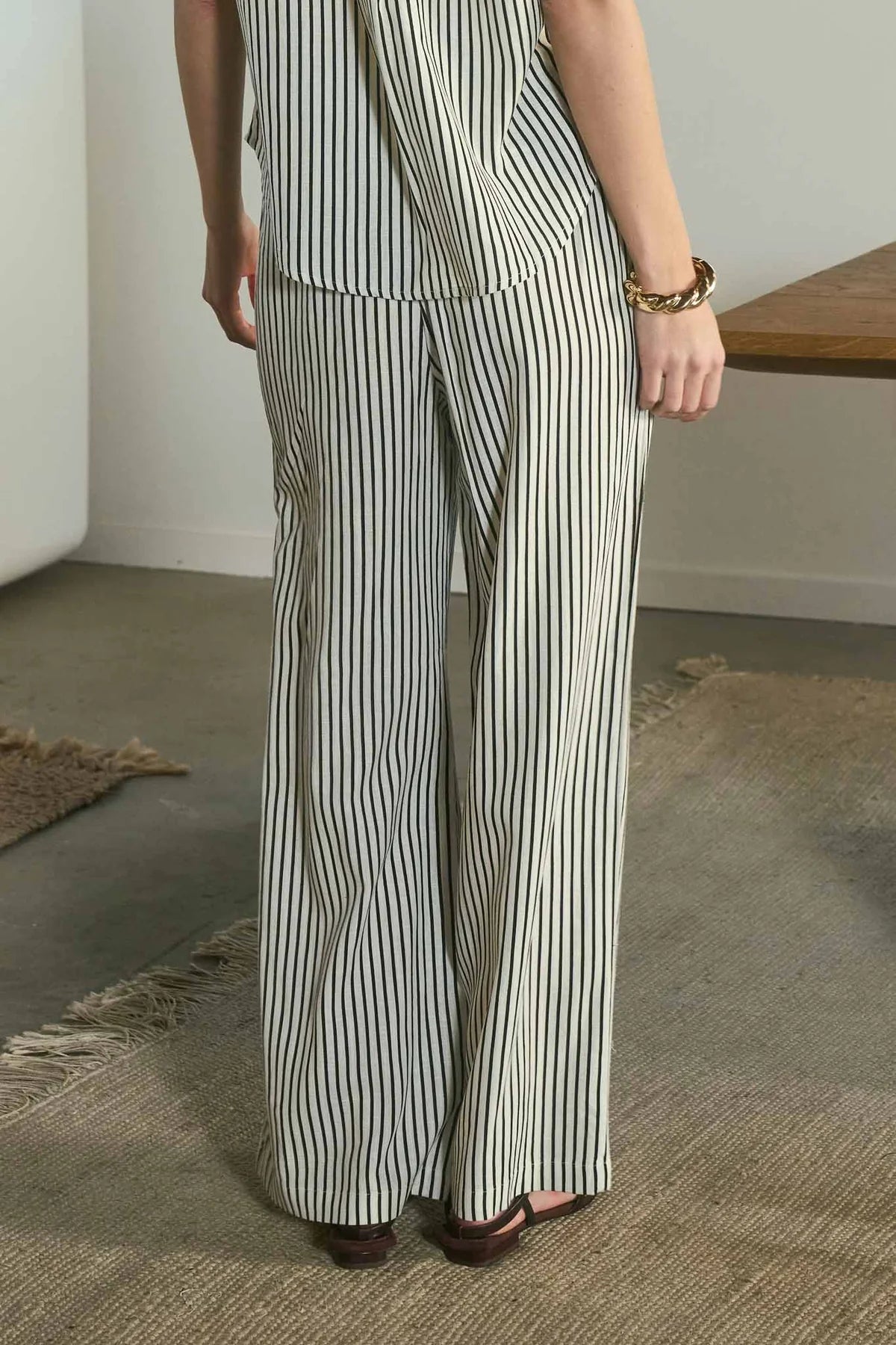 Cream Black Stripe Linen Top & Pants Set