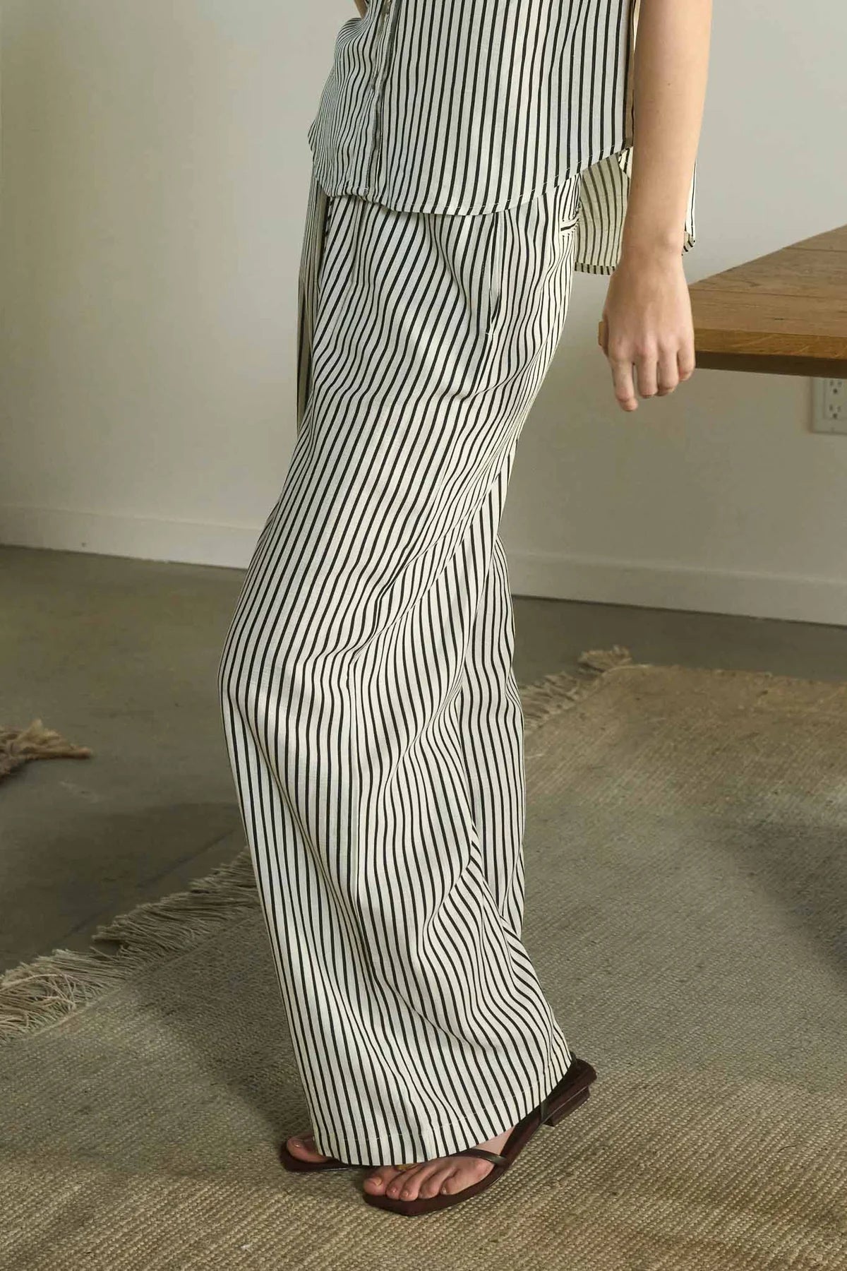 Cream Black Stripe Linen Top & Pants Set