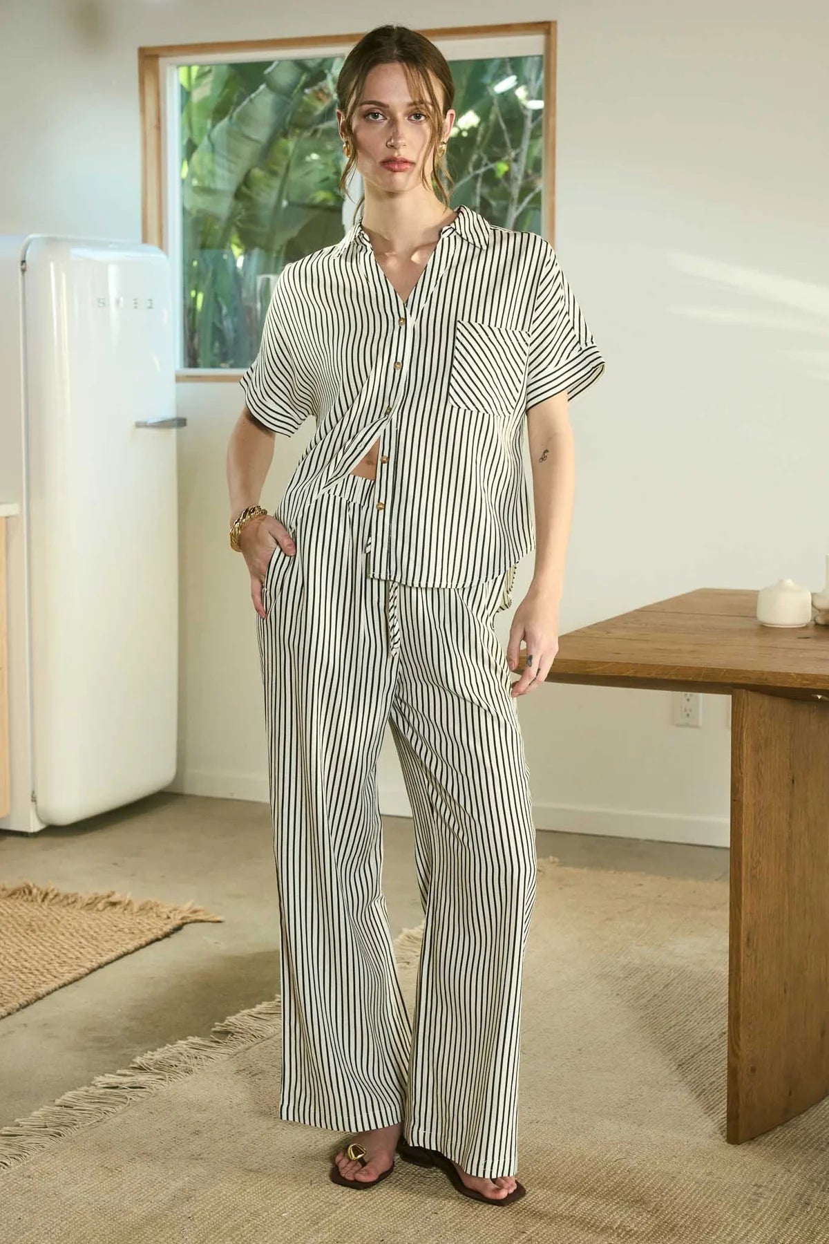 Cream Black Stripe Linen Top & Pants Set