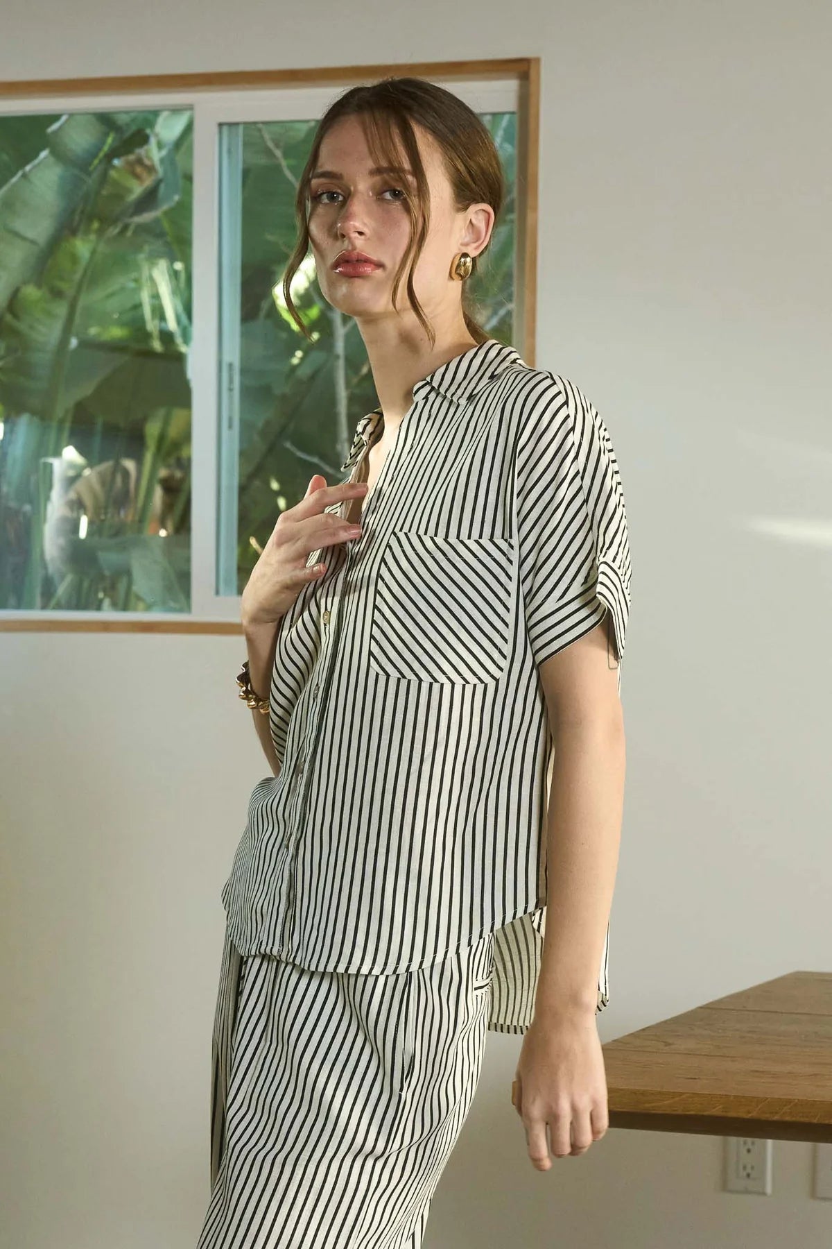 Cream Black Stripe Linen Top & Pants Set