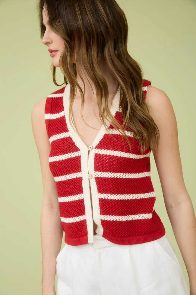 Red White Stripe Knit Button Vest