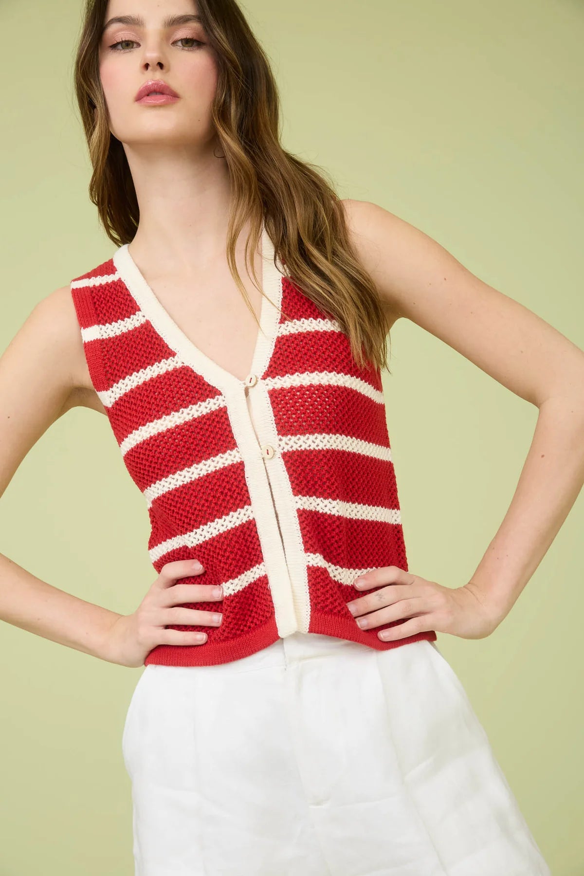 Red White Stripe Knit Button Vest