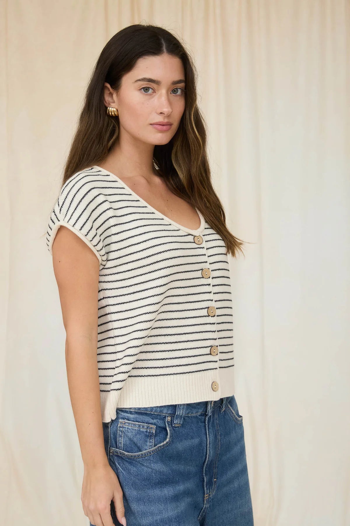Stripe Wood Button Knit Top