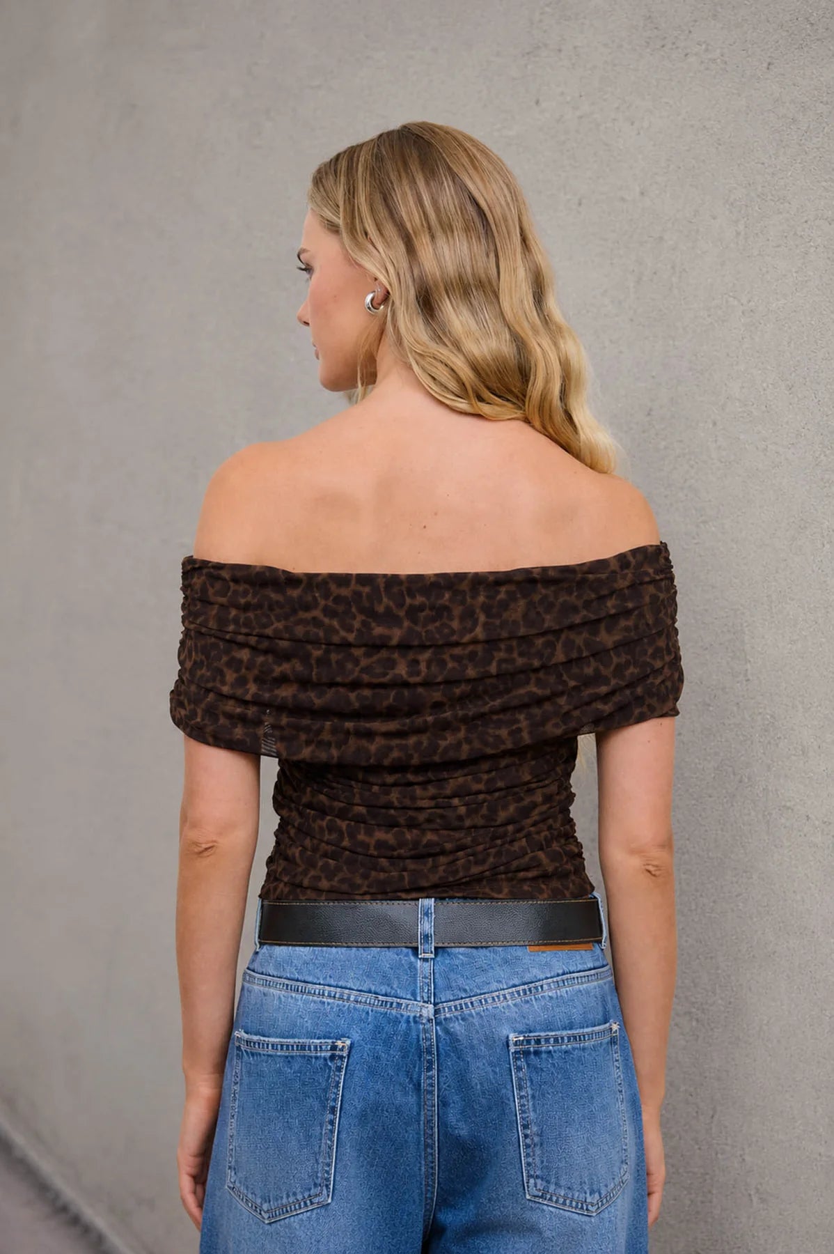 Choco Leopard Off Rouched Shoulder Top