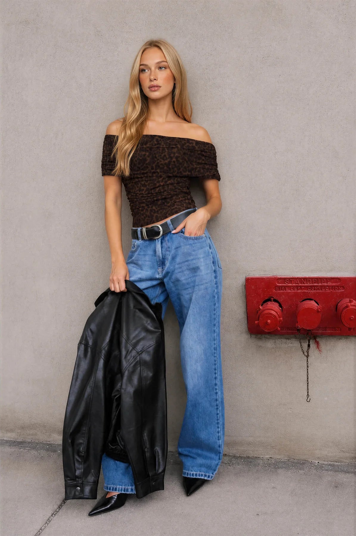 Choco Leopard Off Rouched Shoulder Top