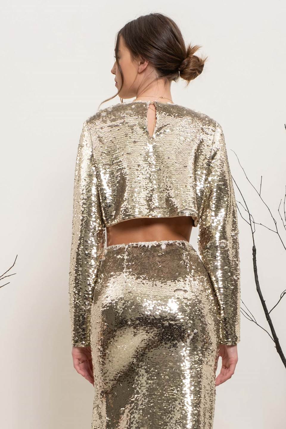 Gold Sequin Long Sleeve Crop Top