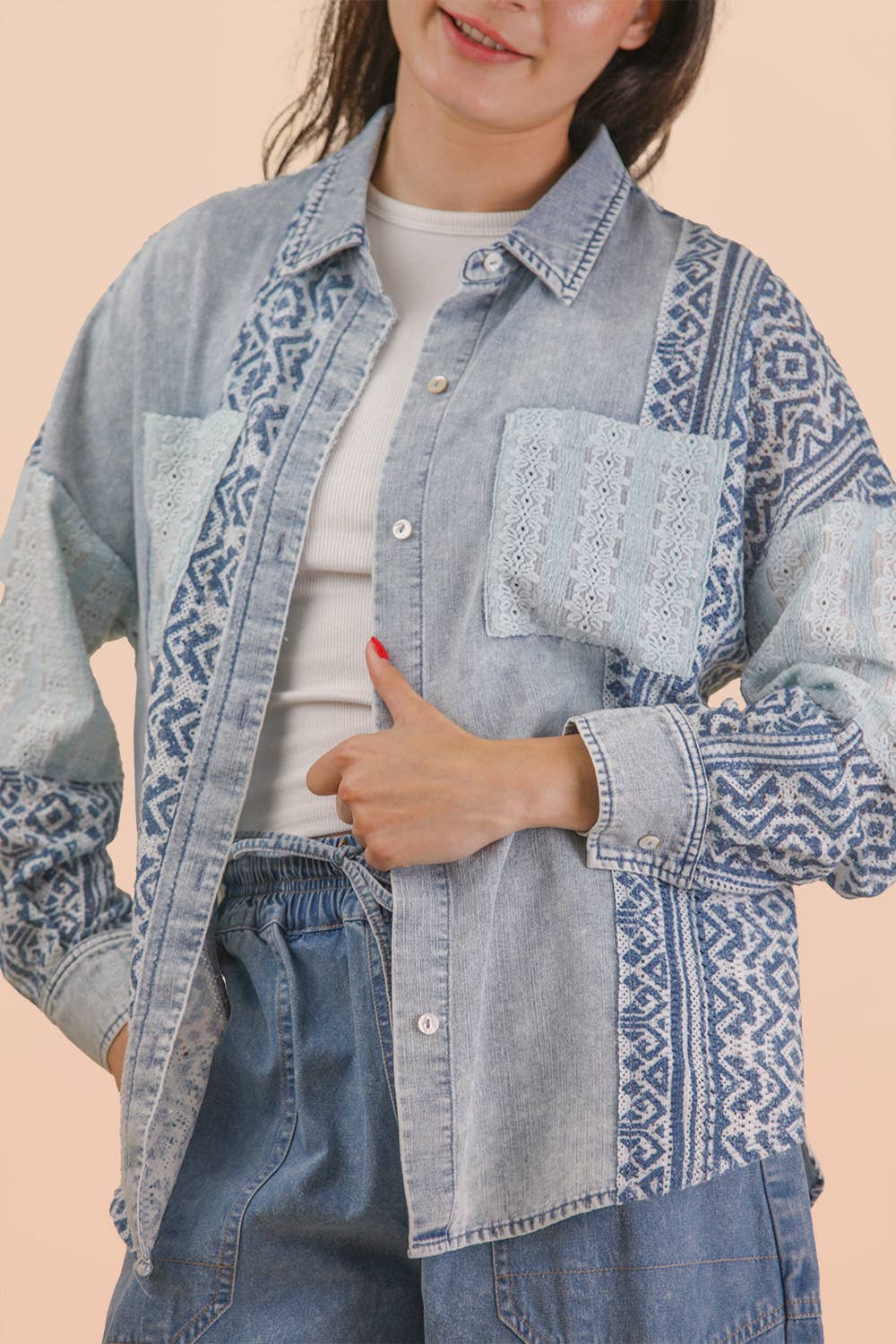Washed Denim Patchwork Button Up