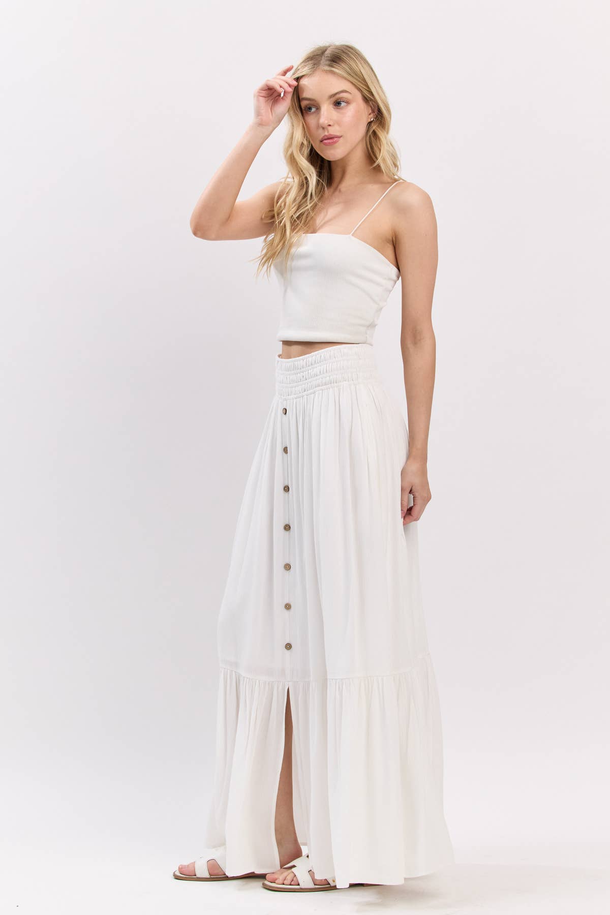 Smock Waist Tiered Button Maxi Skirt