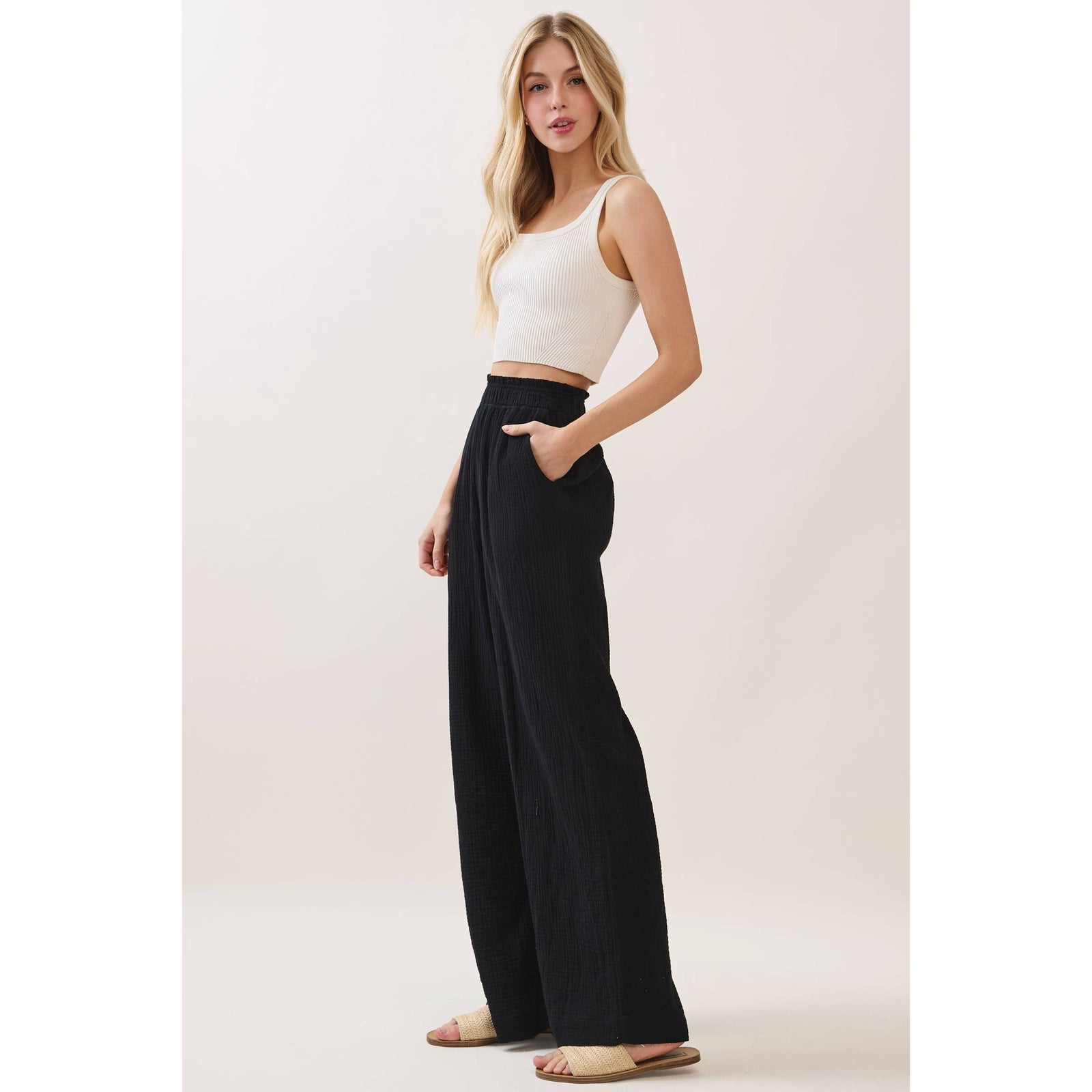 Cotton Double Gauze Wide Leg Pants