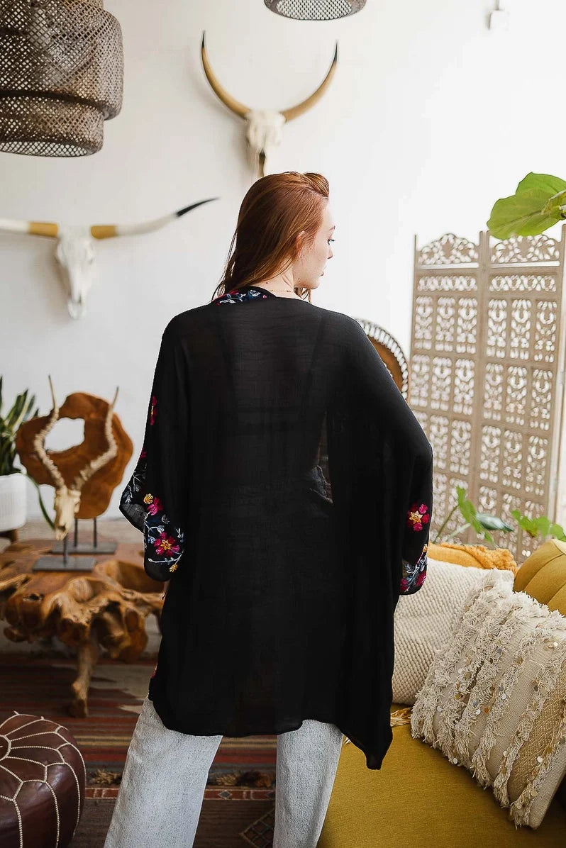 Black Floral Embroidered Kimono