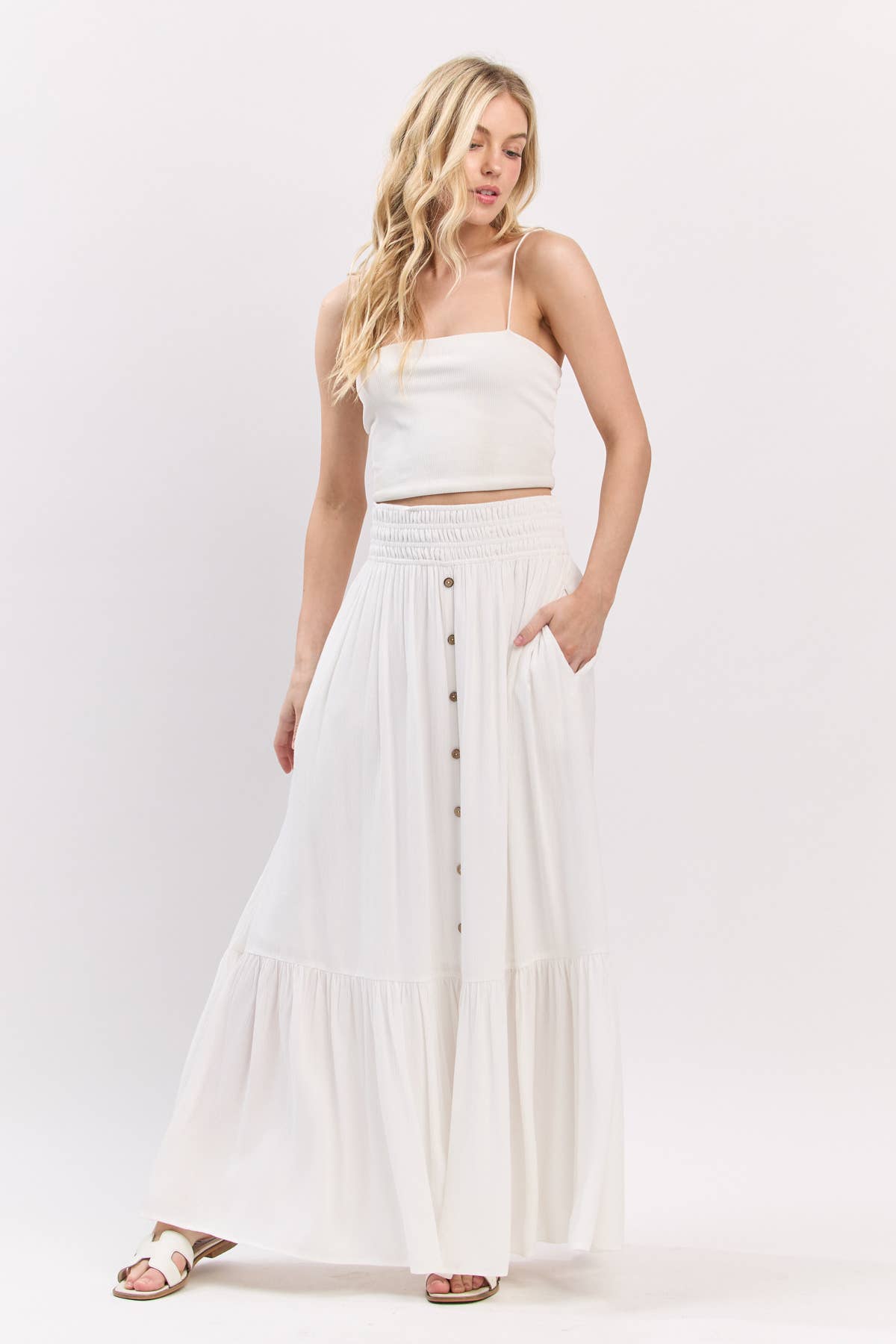 Smock Waist Tiered Button Maxi Skirt