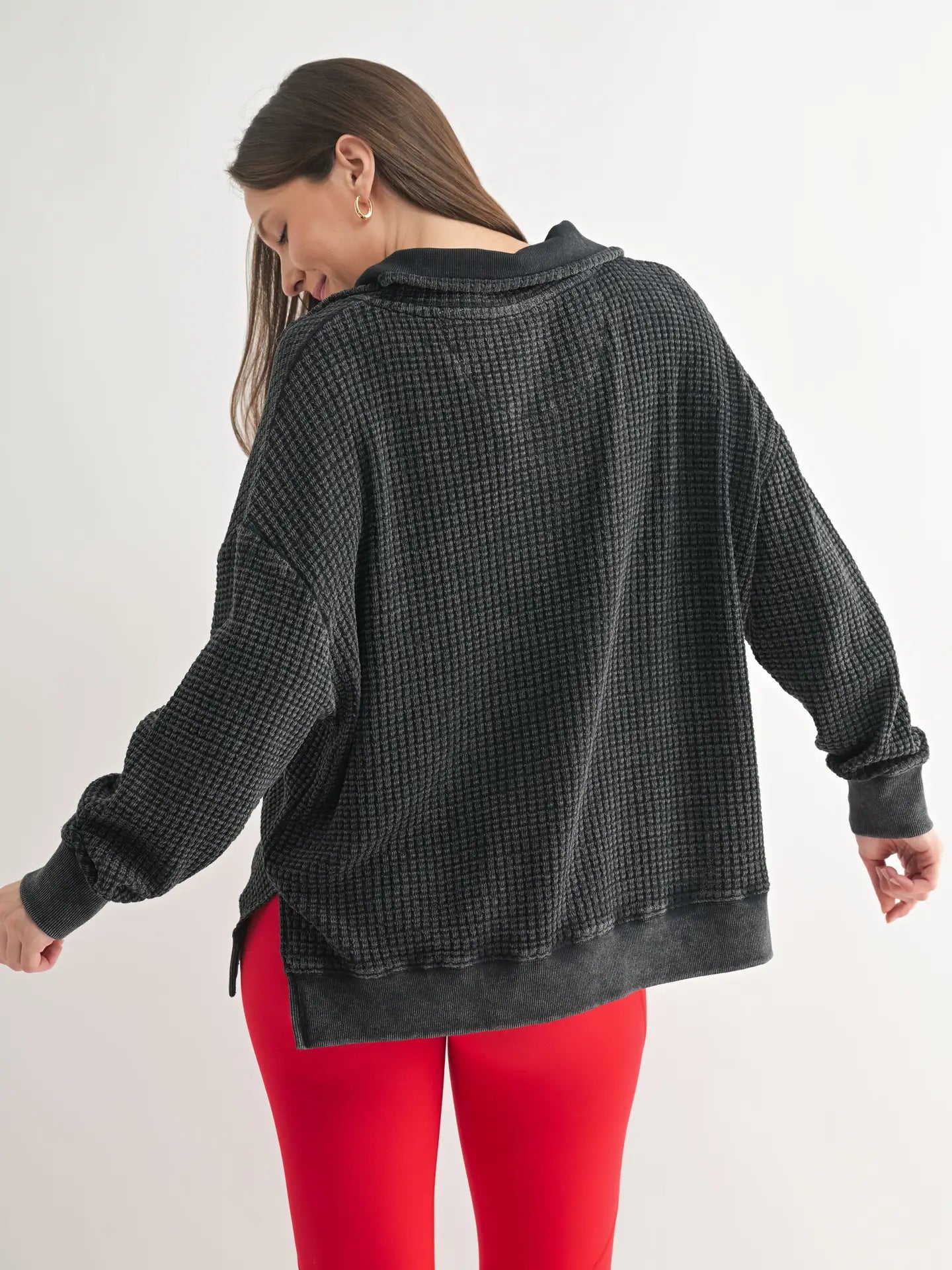 Black Stone Wash Waffle Pullover