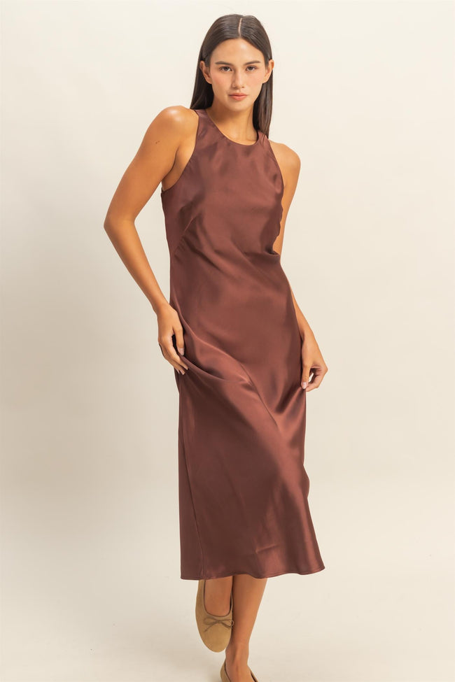 Chestnut High Neck Satin Slip Dress
