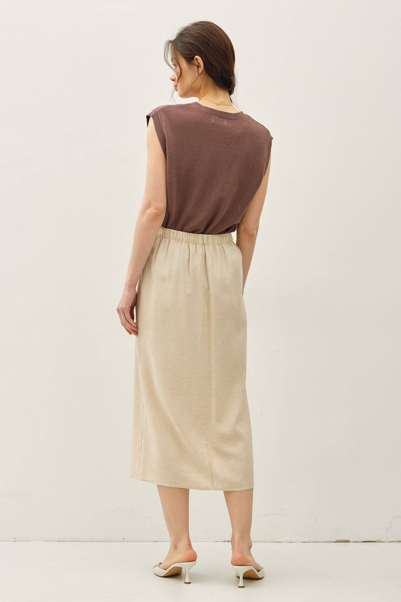 Linen Wrap Wood Button Midi Skirt