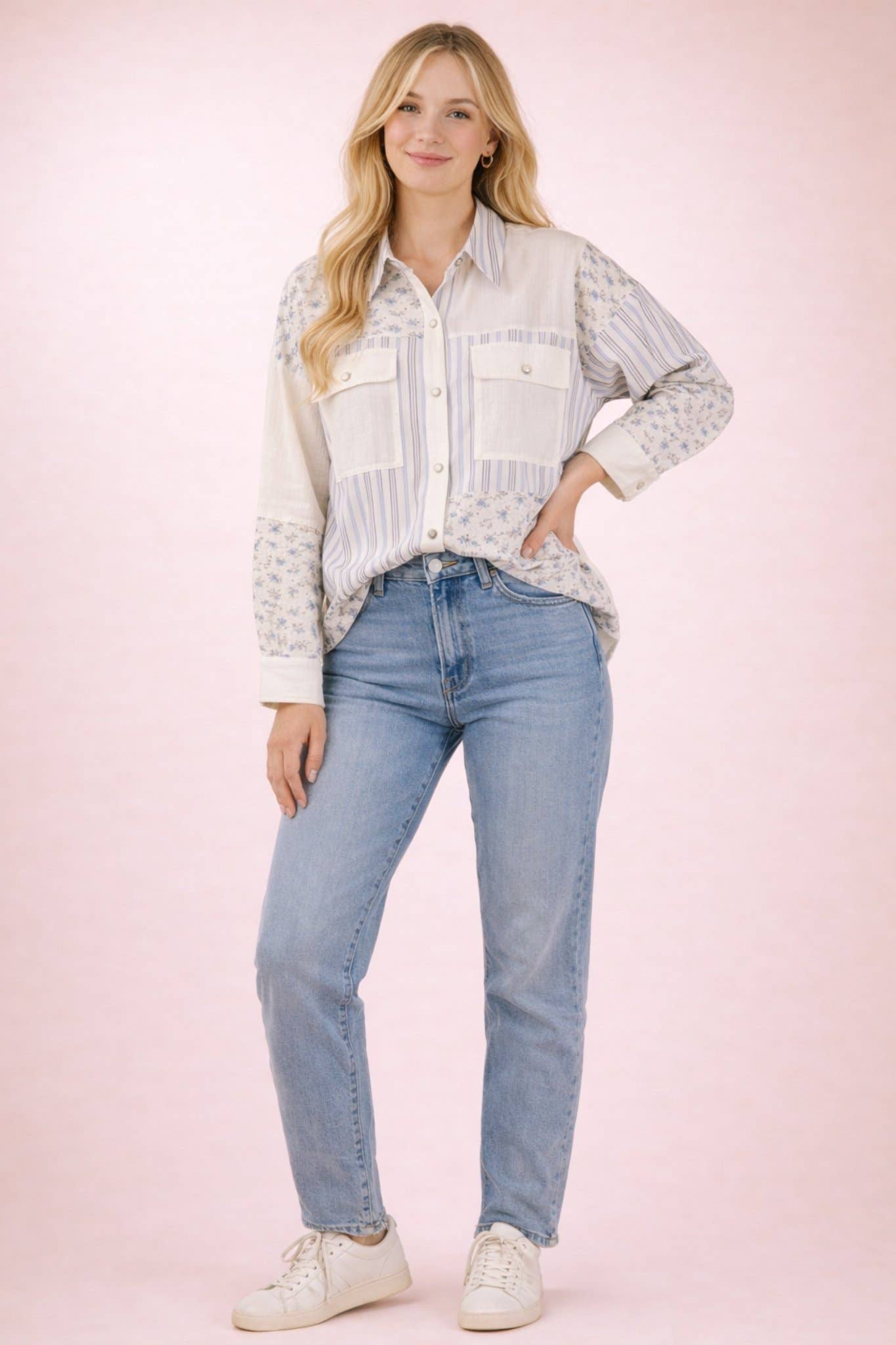 Floral Stripe Patchwork Button Up