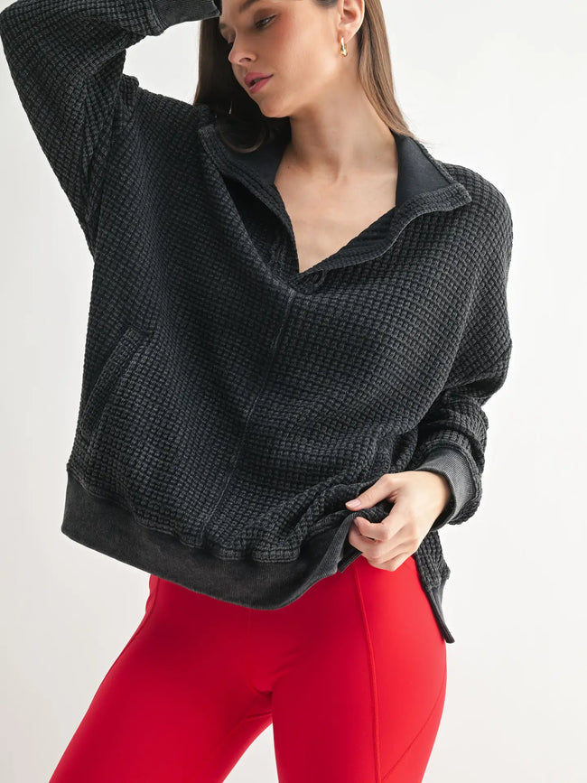 Black Stone Wash Waffle Pullover
