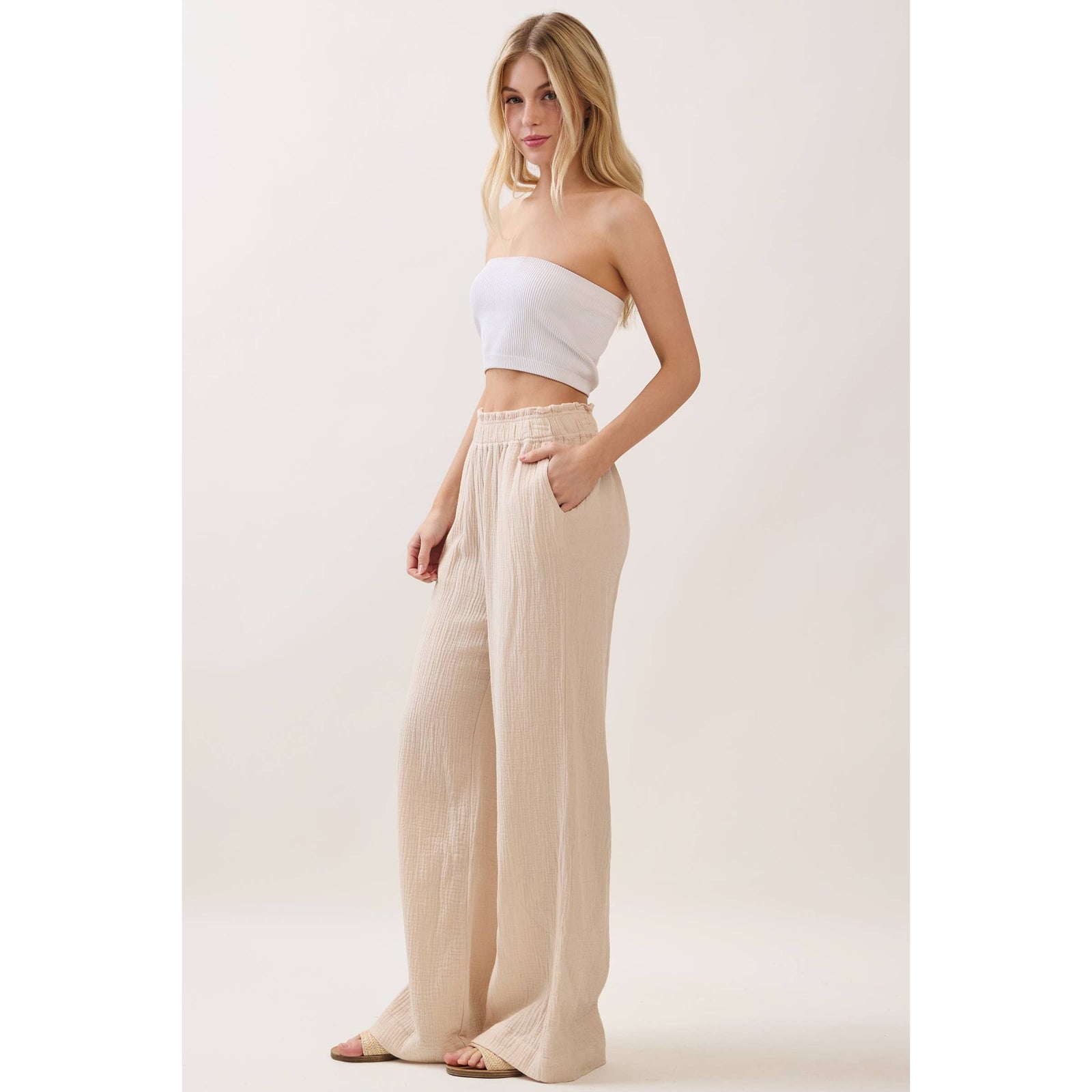 Cotton Double Gauze Wide Leg Pants