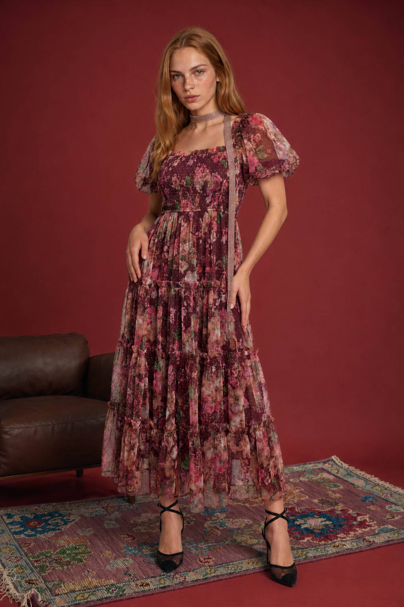 Tulle Floral Dot Midi Dress