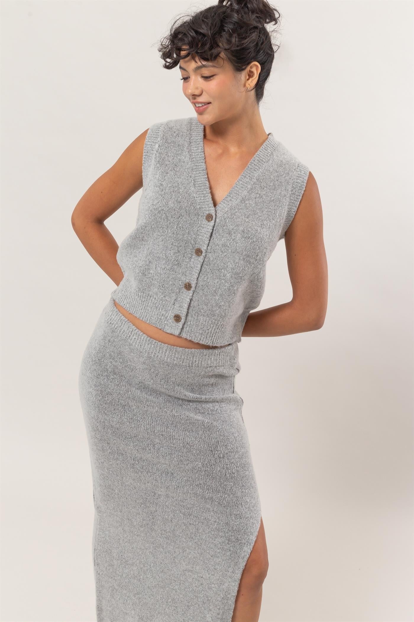 Grey Knit Two Pc Skirt Set