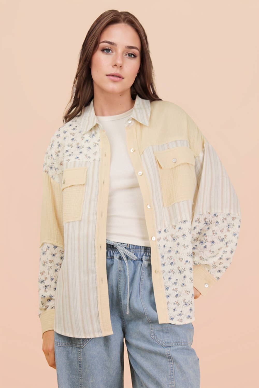 Floral Stripe Patchwork Button Up