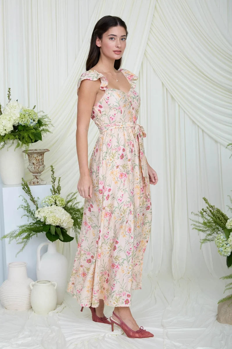 Peach Floral Flutter Sleeve Midi Dress