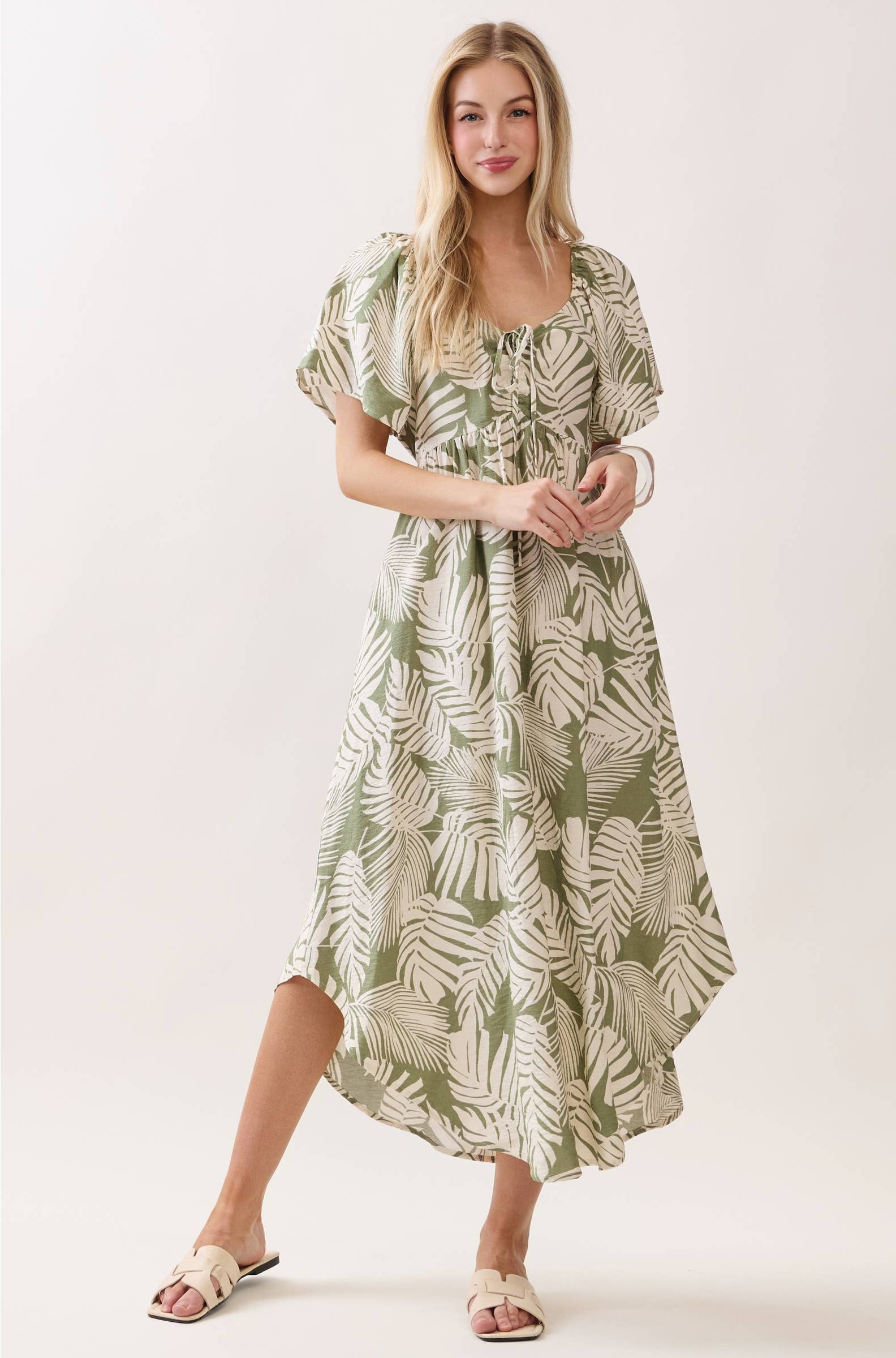 Tropical Leaf Rouched Midi Dress