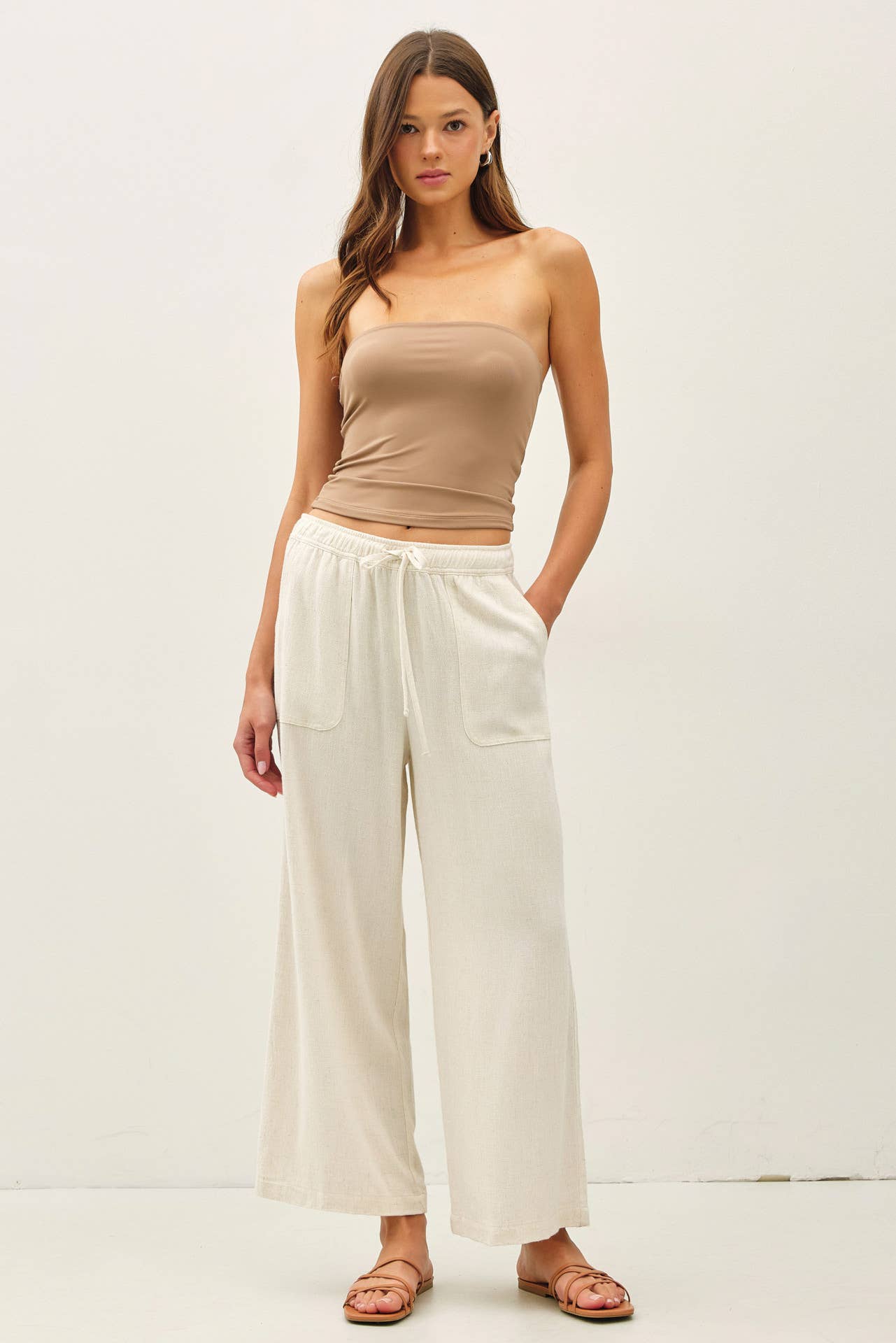 Linen Drawstring Waist Wide Leg Pants