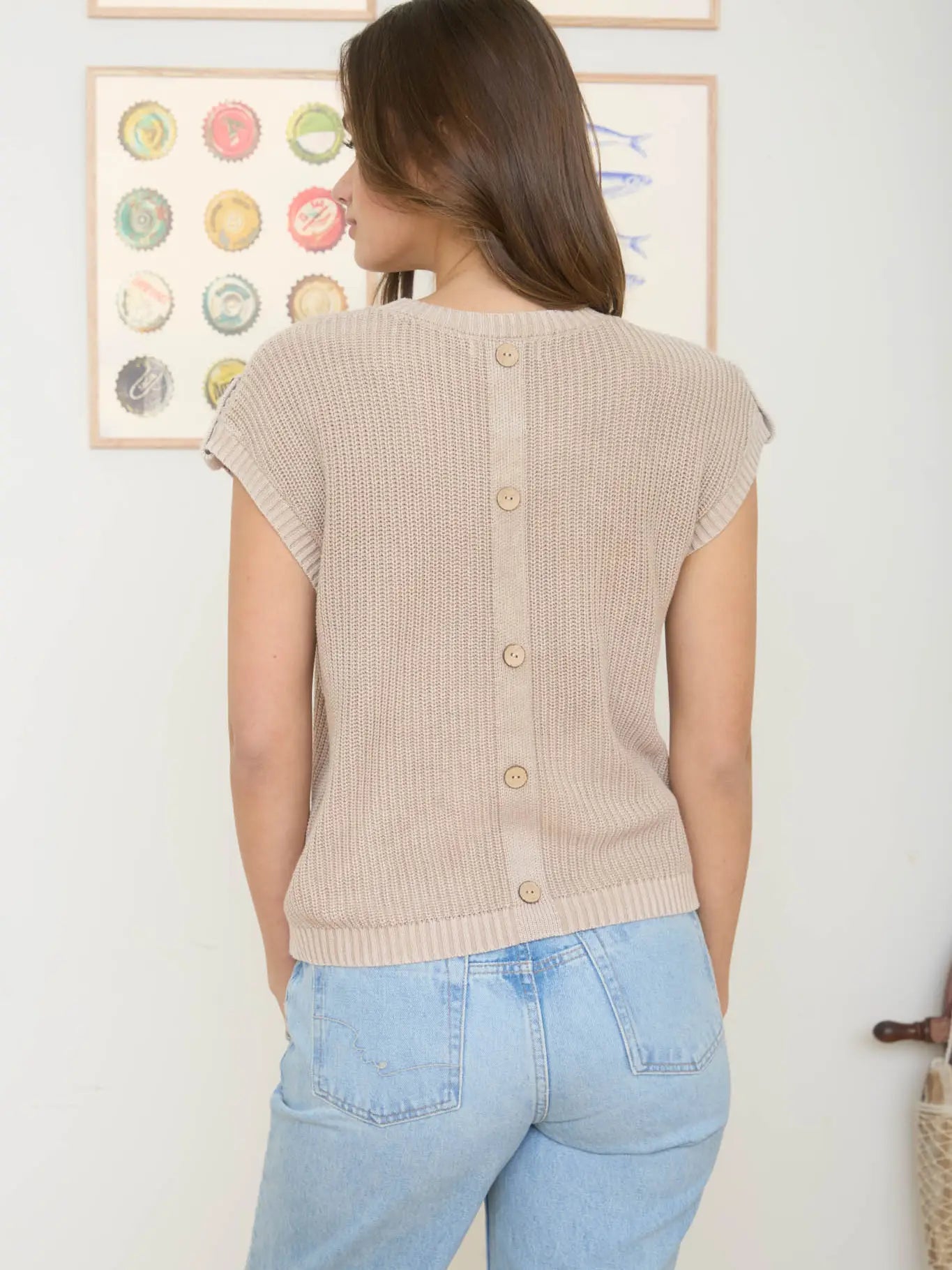 Stone Wash Wood Button Knit Top
