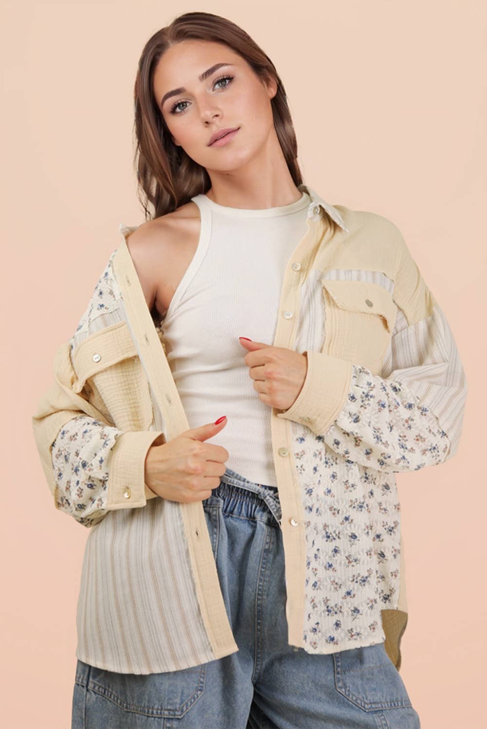 Floral Stripe Patchwork Button Up