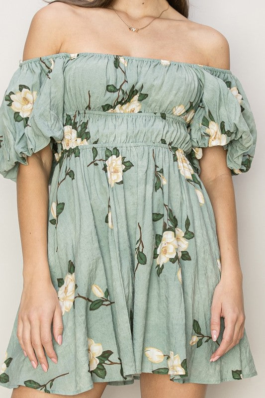 Sage Floral Puff Sleeve Mini Dress