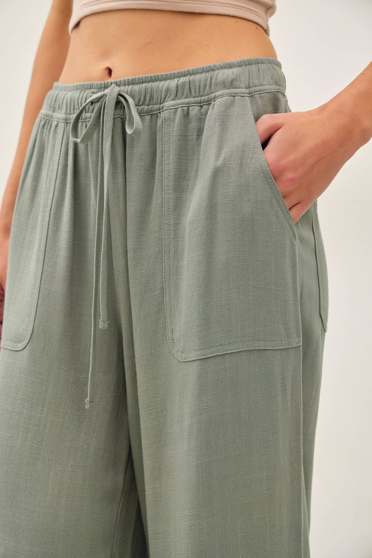Linen Drawstring Waist Wide Leg Pants