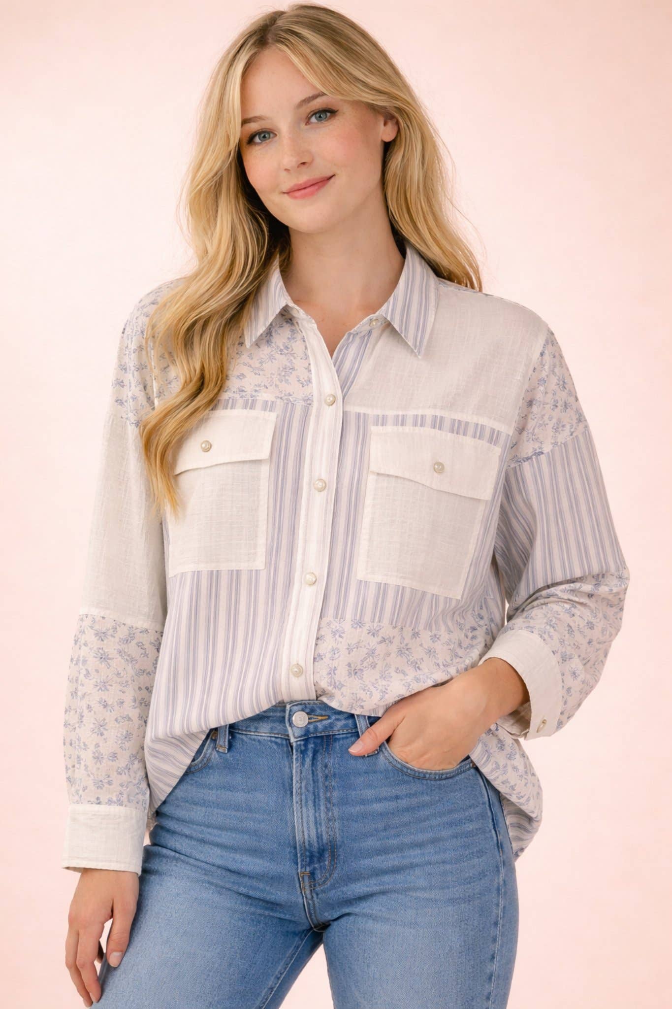Floral Stripe Patchwork Button Up