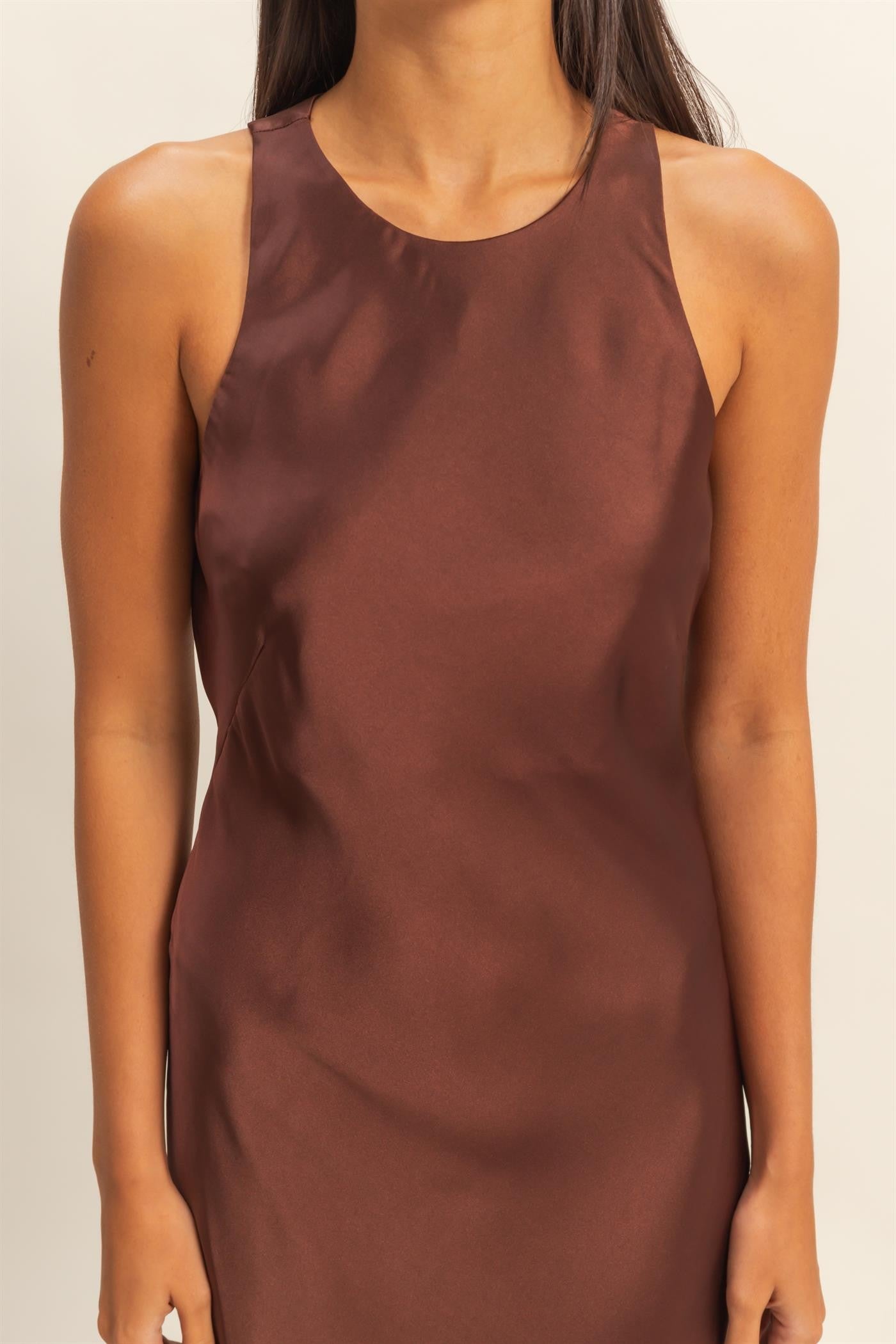 Chestnut High Neck Satin Slip Dress