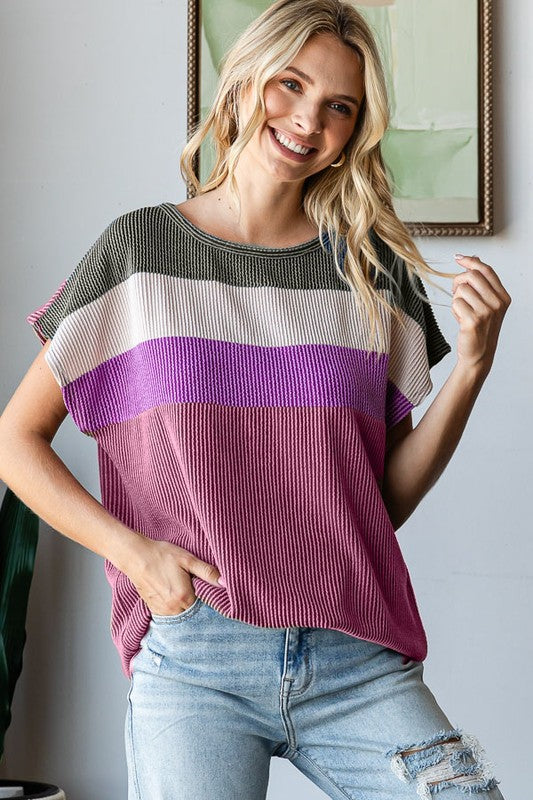 Ribbed Color Block Short Sleeve Top