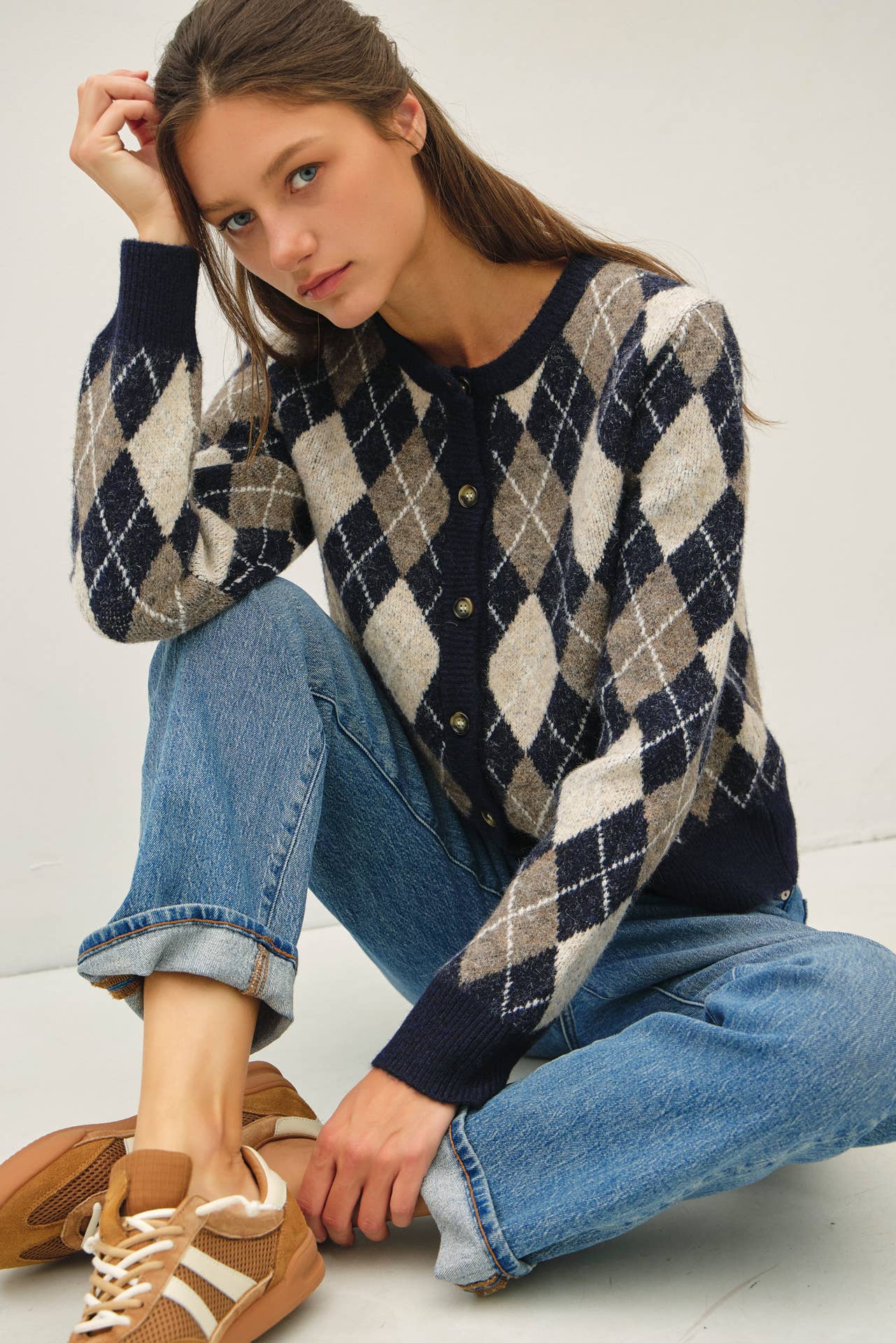 Argyle Wool Blend Button Cardigan