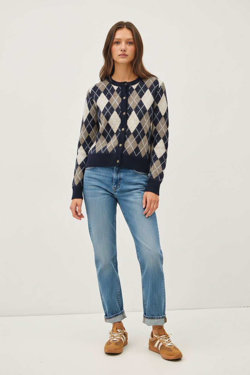 Argyle Wool Blend Button Cardigan