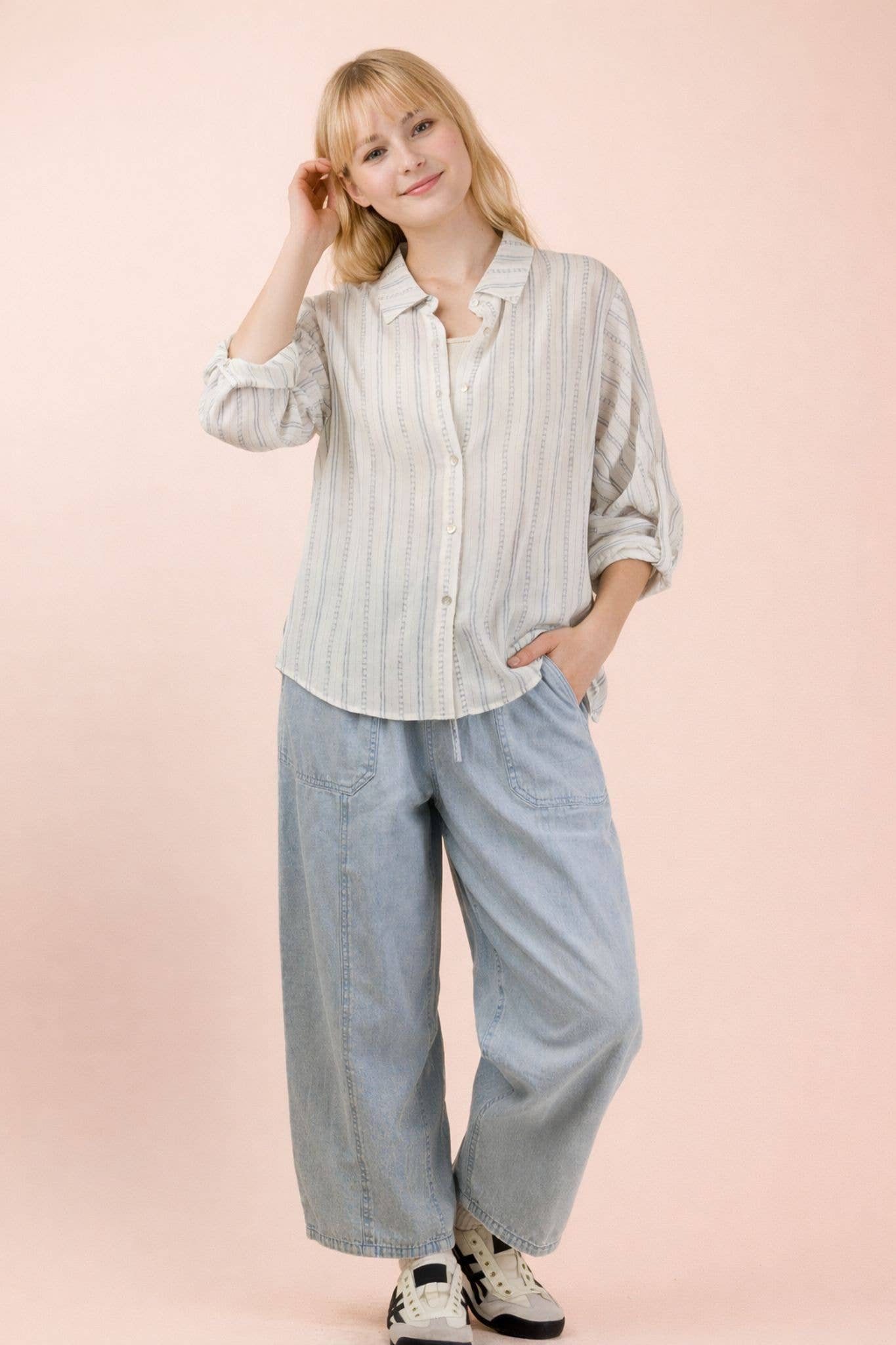 Roll Up Sleeve Blue Stripe Button Up