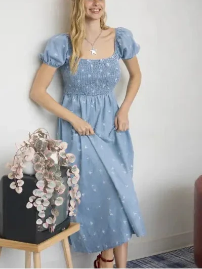 Chambray Denim Floral Midi Dress