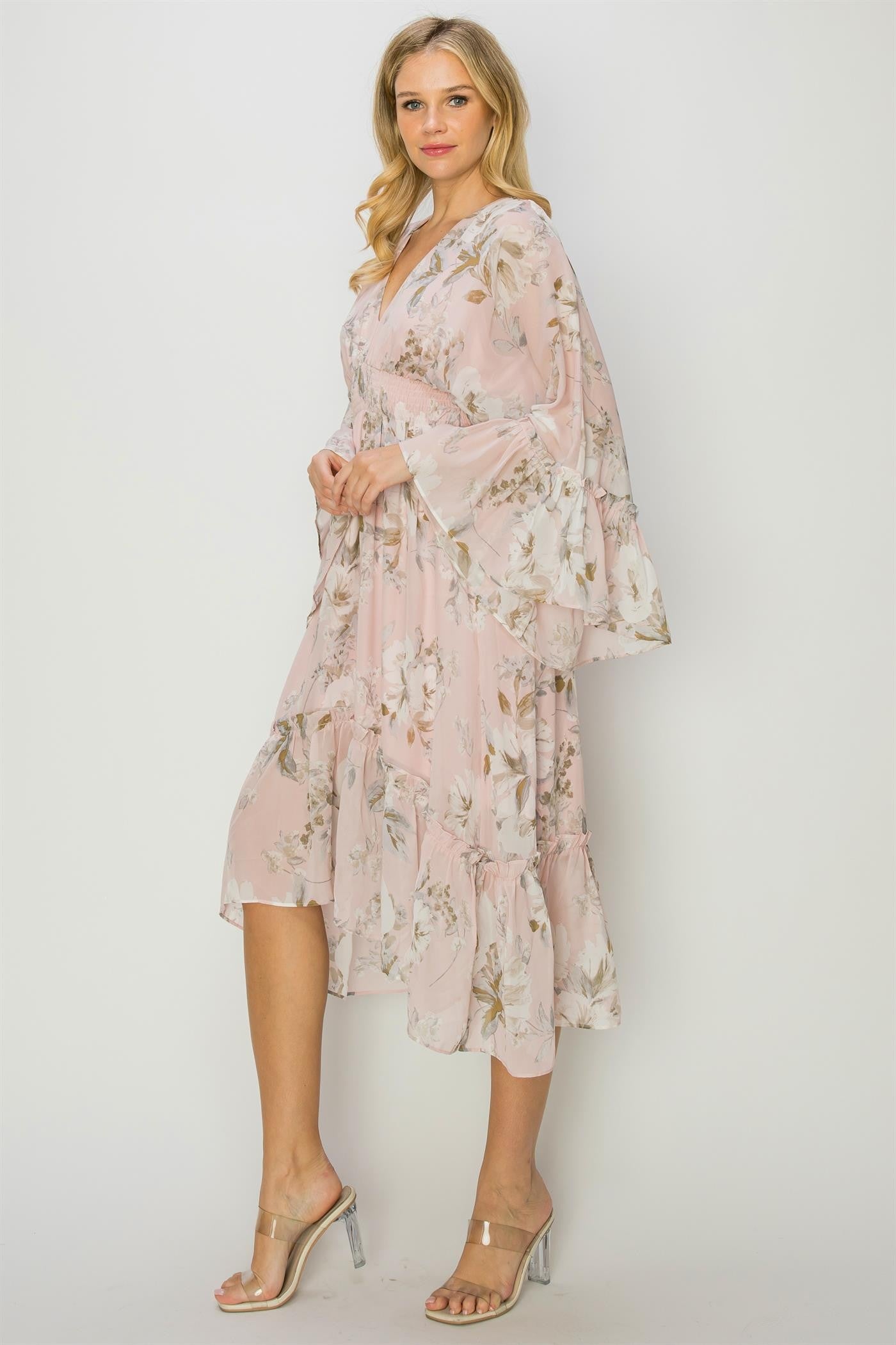 Blush Bell Sleeve Floral Midi Dress