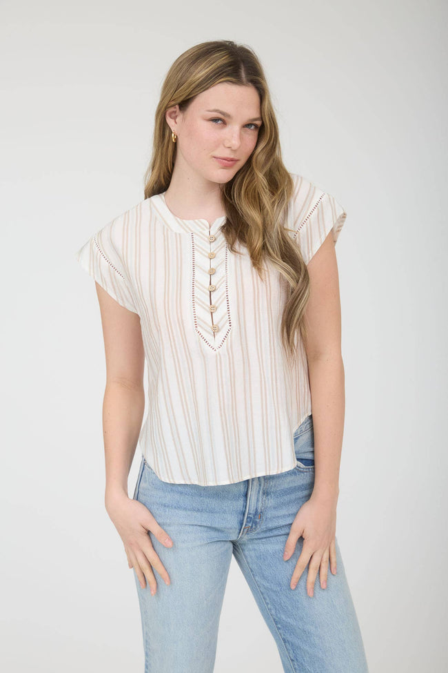 Stripe Wood Button Henley Top