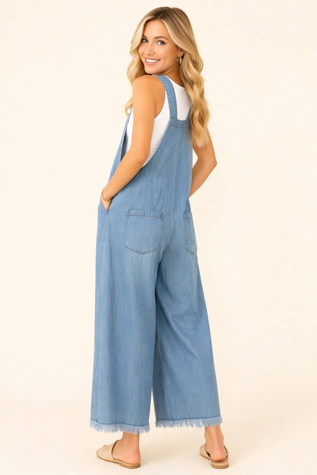 Denim Wide Leg Raw Hem Overalls