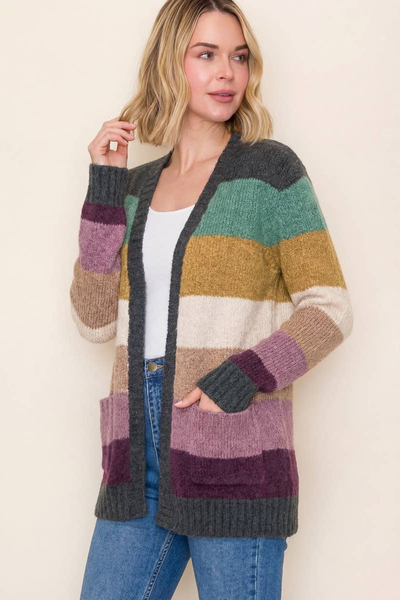 Color Block Stripe Pocket Cardigan