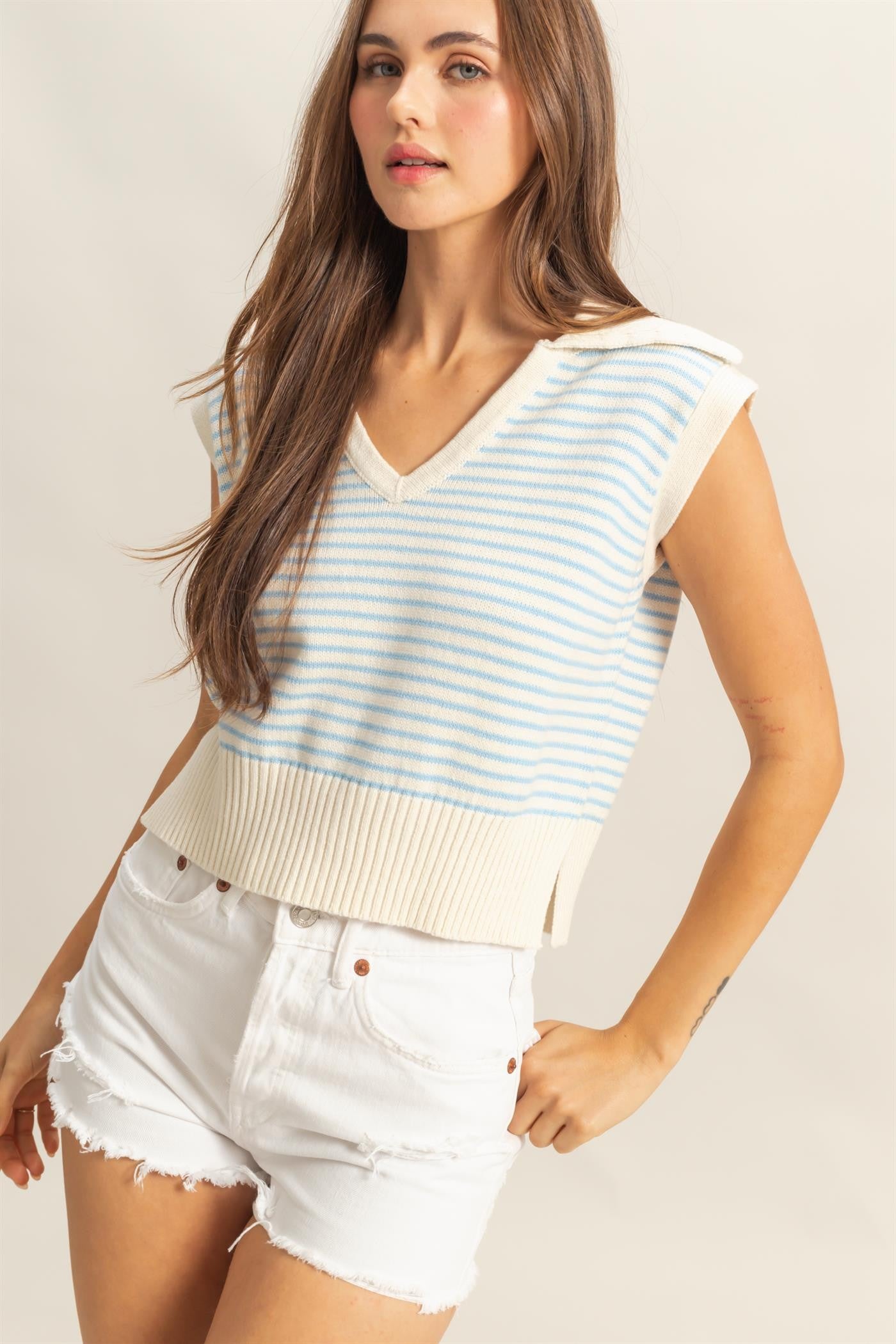 Baby Blue Stripe Knit Collared Top