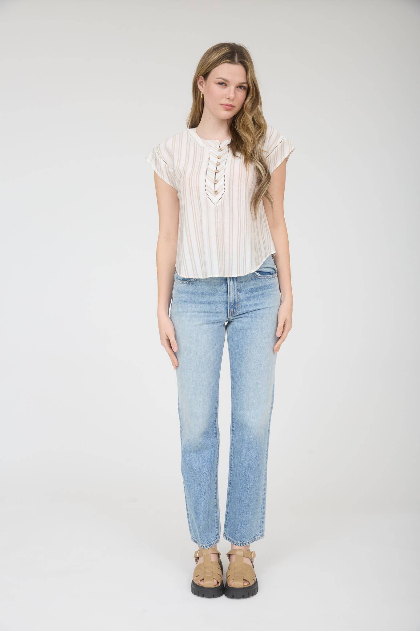 Stripe Wood Button Henley Top