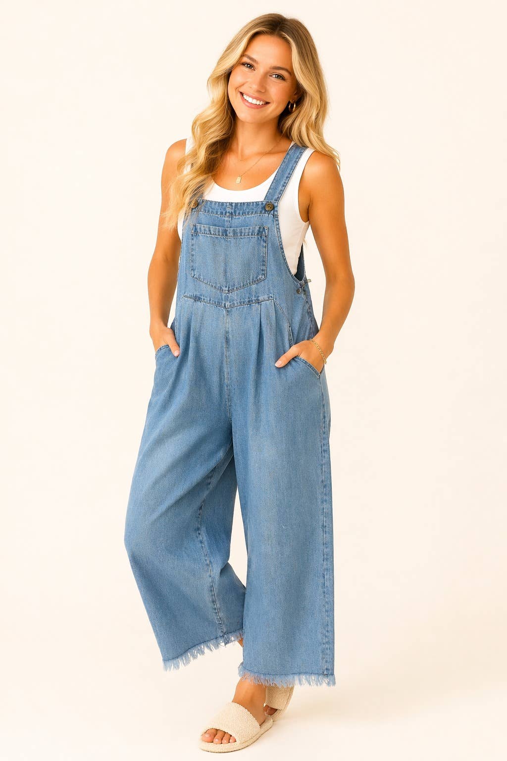 Denim Wide Leg Raw Hem Overalls